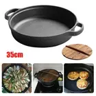 35cm Black Round Cast Iron Deep Baking Pizza Frying Pan Skillet with Wooden Lid