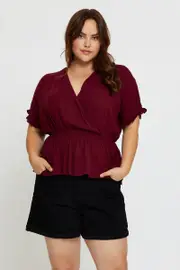 Red Peplum Top Azure Short Sleeve Wrap Waist