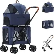 Doublelayer Pet Stroller Foldable Pet Trolley Pet Pram Stroller for 2 Dogs/Cats Lightweight Travel Pet Pram Pushchair Breathable Travel Carrier Detachable Cage(Color:Blue)