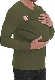 [Generic] Kangaroo Shirt for Dad and Baby, V Neck Long Sleeve, Kangaroo T Shirt, Mens Baby Carrier Shirt with Hat