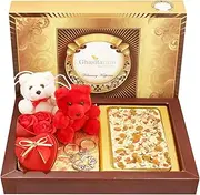 Ghasitaram Gifts Valentines Gift Valentines Day Chocolates for Girlfriend/Boyfriend/Husband and Wife Valentines Chocolate Hamper White Dryfruit Chocolate Bark Big with Teddies, Keychain Set and Small Roses Heart Box