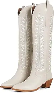 [Synchoiss] Cowboy Boots for Women Knee High with Retro Embroidered Cowgirl Boots Almond Pointed Toe Chunky Heel Western Tall Boots Pull on