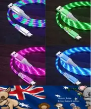LED Glowing Charging cable cord USB to Type-C or IPhone. Multiple colours.