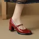 碼法式瑪麗珍高跟鞋34-43淺口 春秋鞋粗跟女單鞋氣質復古圓頭婚鞋紅色軟皮