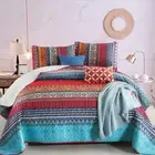 Bohemian Quilt Set Queen Size, Boho Striped Pattern Bedspread Set for All Sea...