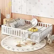 Floor Bed Full Size Montessori Bed Frame with Fence and Door, Wooden Full Platform Bed for Kids, Boys Girls, Solid Wood Full Bed, No Box Spring Needed (White)