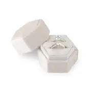 Velvet Ring Box For Jewelry Gift, Double Slots Hexagon Ring Case Box For Proposal Engagement Wedding Ceremony Valentines Day Holding 2 Rings (Beige)