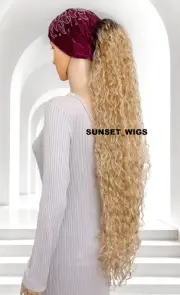 37" PONYTAIL HAIR PIECE EXTENSIONS DRAWSTRING LONG CURLY OMBRE BLONDE MIX