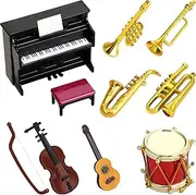 Dollhouse Miniature Musical Instrument Set in 1:12 Scale, Mini Dollhouse Musical Instrument Model Includes Violin Piano Trumpet Saxophone Electric Guitar, Model Accessory for Dollhouse Mini Music Room