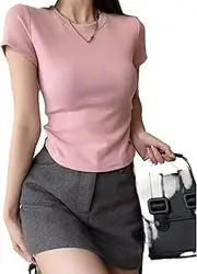 [Valtorixia] Women's Crewneck Slim Fitted Short Sleeve T-Shirt Stretchy Bodycon Basic Tee Tops