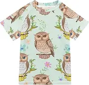 [ODAWA] Owls Wildflowers Kids Swim Shirts Quick Dry Short Sleeve Rash Guard Shirt Surfing Beach Shirts