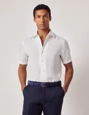 Hawes & Curtis White Pure Linen Slim Short Sleeve Shirt | One Piece Collar Size: Small