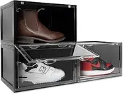OLLIE Shoe Storage Box, Shoe Organizer, Hard Plastic Boxes, Stackable, Magnetic Doors, Durable, Heavy Duty, Space Saver, Closet Room Organizer, Fits up to Size 13 Men’s shoes (Black - Case of 3)
