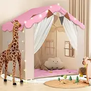 WIRHAO Kids Tent with Padded Mat Playhouse Tent 2 in 1, Kids Play Tent Large Space Indoor with 2 Doors and 4 Windows for Girls Boys with Stars Lights, Carry Bag, Banner Flag(Pink, 2 in 1)