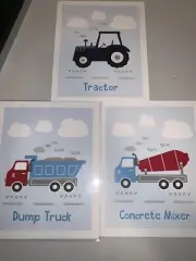 Lot of 3- 8x10 Nursery Art Print Dump Truck Concrete Mixer Tractor Boys Room