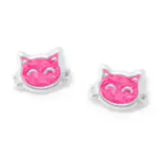 Pink Kitty Cat Face Stud Earrings Sterling Silver with Sparkly Enamel Color