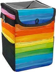 Car Trash Can with Lid and Storage Pockets Leak-Proof Organizer,Waterproof Garbage Can,Abstract Art Colorful Stripe Rainbow