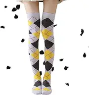 [Fokelyi] Argyle Socks, Knee High SocksWomens, Extra Long Cotton Stripe Thigh High Socks, Casual Knee Length Golf Socks for Women, white and yellow, One size