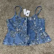 NEW Nasty Gal Women's Denim Top Size 10, Blue/Silver/Shiny! QUALITY! 81$MSRP