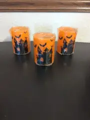 LED Halloween Flameless Candles Haunted House With Bats Set Of 3 Brand New