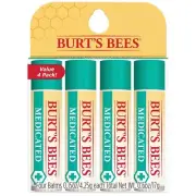 Burt's Bees Medicated Lip Balm Pack of 4 Natural Cold Sore Relief 0.15 Ounce
