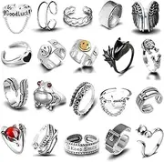 [SUNNYOUTH] 20 Pcs Open Rings Frog Leaf Chain Adjustable Ring for Women Men Girls Punk Vintage Stackable Ring Sets
