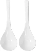 Alipis Large Soup Spoons, 2pcs Porcelain Spoons Asian Soup Spoons Porridge Spoon Chinese Ramen Scoop for Stews White Long Handle Deep Oval Hook Design