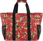 [sanluoli] Totes Foldable Beach Tote Bag Water Resistant Canvas Car Tote Bag, Retro Red Rose Oil Painting Style, 1 size