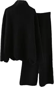 [Jegsnoe] Women Autumn Winter Solid Crewneck Sweater + High Waist Wide Leg Pants 2 Piece Sets
