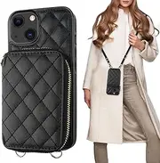 Bocasal Crossbody Wallet Case for iPhone 13, RFID Blocking PU Leather Zipper Handbag Purse Flip Cover, Kickstand Folio Case with Card Slots Holder Wrist Strap Lanyard 5G 6.1 Inch (Black)