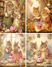 8 mice Mouse Vintage Victorian Valentine couple roses fold out glossy blank card