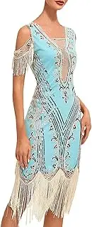 [Generic] Women's 1920S Flapper Dress Roaring 20S Vintage Sequin Beaded Fringe Gatsby Dress for Party V Neck Mesh Midi Dress