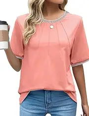 [Kopinma] Womens Dressy Tops Summer Short Sleeve Pleated Shirts Crewneck Business Casual Blouses Fashion Tunic
