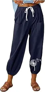 Women's Dandelion Pattern Cotton Linen Pants Summer Drawstring Elastic Waist Pants Casual Summer Pants with Pockets