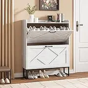 Nicetree Shoe Cabinet Storage for Entryway, 2 Flip Drawers Entryway Shoe Organizer Cabinet, Freestanding Narrow Shoe Rack Cabinet with Metal Legs, for Hallway, Living Room, White