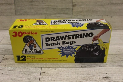 Dur-A-Bull 30 Gallon Drawstring Trash Bags - 3 Ply - Pack of 12 - New