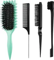 4Pcs Slick Bristle Hair Brush,Double Sided Edge Brush and Pin Tail Comb,Curl Def
