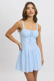Blue Check Fit And Flare Dress Drop Waist Mini - Size 16XL, Women's Skater Dress