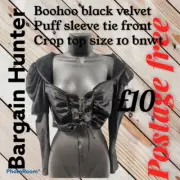 Boohoo black velvet Puff sleeve tie front Crop top size 10 bnwt