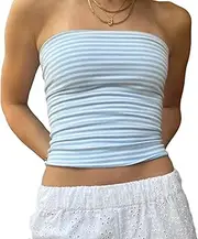 [Muineobuka] Women Y2k Striped Bandeau Tube Top Backless Sleeveless Contrast Color Crop Tube Top