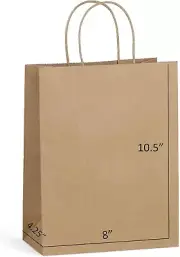 ~100 BROWN KRAFT PAPER GIFT BAGS with HANDLES~RETAIL SHOPPING BAG~8"x4.25"x10.5"