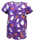 Women Halloween Christmas Medical Scrub Purple Base Ghost Bat Spider Web L