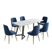 7 Piece Dining Set with Matching Rectangular Marble Table and 6 Blue Velvet Chairs