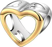 [Andante-Stones] 925 Sterling Silver Gold Bead Charm Heart Element Ball for European Beads Module Bracelet + Organza Pouch, Sterling Silver
