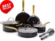 10-Piece Gold Ceramic Nonstick Cookware Set, PFOA Free, Induction, Black