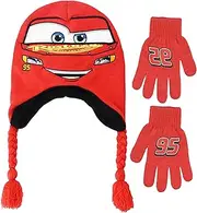 [Concept One] Disney Pixar Cars Kids Beanie Hat and Gloves Set, Lightning McQueen Winter Knit Cap and Matching Mittens, Red, One Size