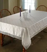 Diamond Damask Design Fringes Tablecloth White 54" by 72" Oblong/Rectangle