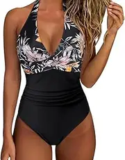 [Generic] Women Swimsuit One Piece Bathing Suit Tummy Control V Neck Crisscross Wide Straps Self Tie Lace Up