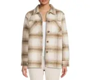 Time and Tru Women's Long Sleeve Winter White Plaid Shacket, Size S 4-6