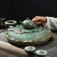 在飛比找ETMall東森購物網優惠-家用干泡臺茶盤創意中式功夫茶具托盤陶瓷蓮花儲水排水雙用茶海荷